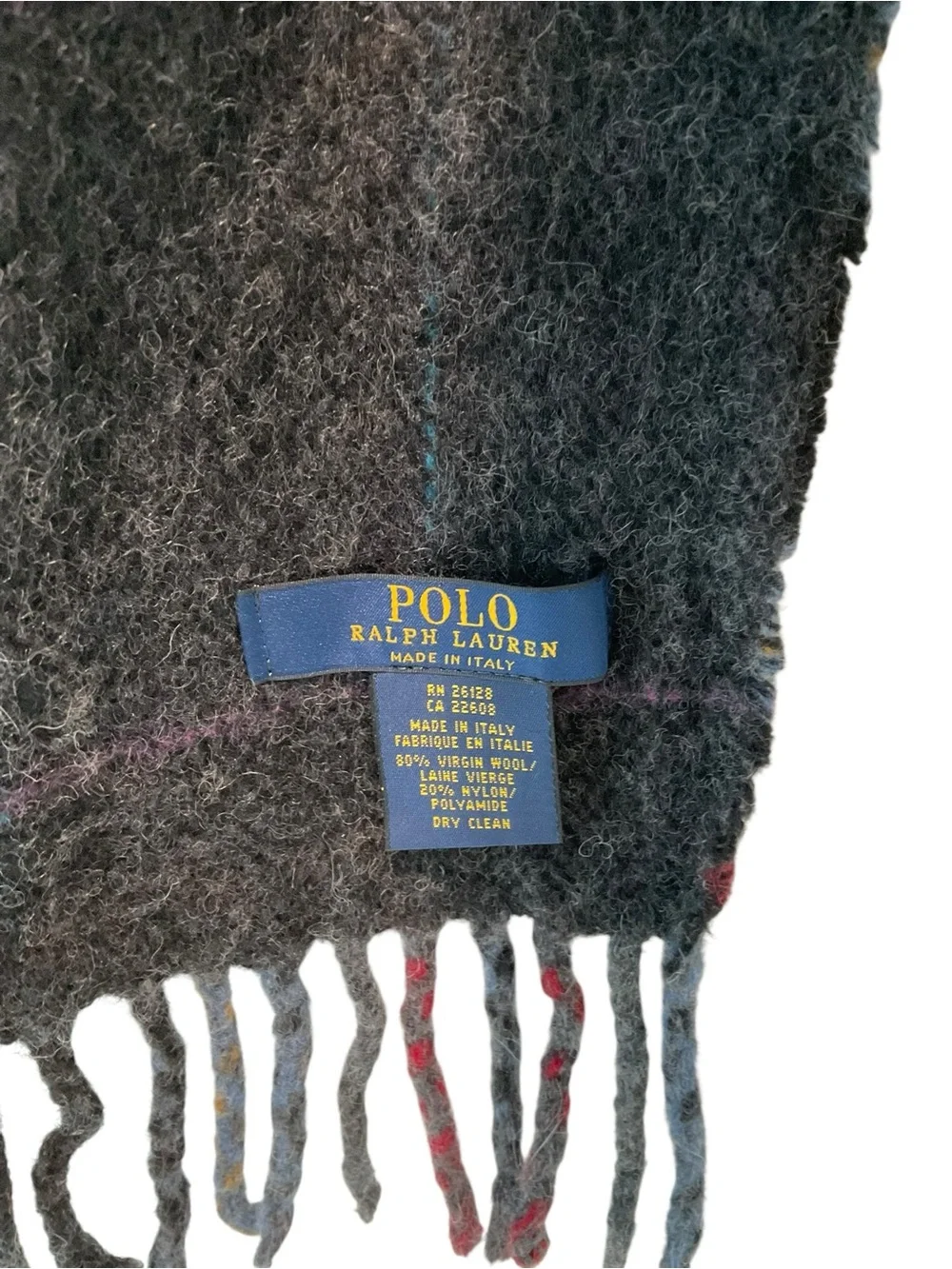 Polo Ralph Lauren Plaid Virgin Wool Reversible Fringe Scarf Italy 70x9
